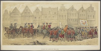 Utrechtská maškaráda, deska b: bitva na zemi a na moři, 1856 Bitva na zemi a na moři (název na objektu) The Founders of Dutch Freedom, (doba Viléma I.) v podání H.H. členové utrechtského studentského sboru na oslavu 220 od Anonymous