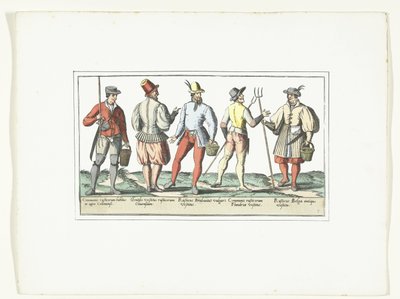 Čtyři rolníci oblečení podle současné módy a jeden ve staré módě, kolem roku 1580 Modes Rustiques (název na objektu) od Anonymous