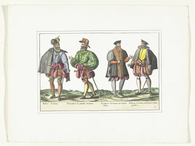 Čtyři muži oblečení v německé módě, kolem roku 1580 Kostýmy Allemands (název na předmětu) od Anonymous