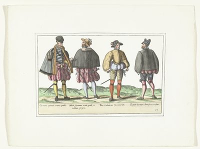 Čtyři muži oblečení v německé módě, kolem roku 1580 Kostýmy Allemands (název na předmětu) od Anonymous