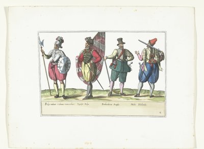 Čtyři vojáci v uniformách podle módy v Holandsku a Anglii, asi 1580 Kostýmy Militaires des Pays-Bas (název na objektu) od Anonymous