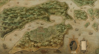 Pohled na Ambon Pohled na Ambon z ptačí perspektivy s portrétem Frederika Houtmana (1571-1627) v kartuši od Anonymous