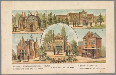 Pět pavilonů na světové výstavě v Amsterdamu, 1883 1 Pitná hala pivovaru De Haan & De Sleutels. 2 Budova Lucase Bolse - Het Loosie. 3 Pavilon tisku. 4 Výtvarné umění. 5 Pekárna chleba De Voorzorg. (název na objektu) Připomenutí aa od Anonymous