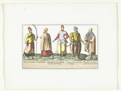 Pět námořníků oblečených v módě Nizozemska a Bretaně, kolem roku 1580 Kostýmy námořníků (název na předmětu) od Anonymous