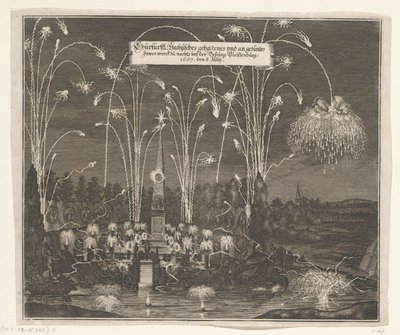 Ohňostroj u Pleißenburgu, 8. července 1667 Churfürstl: Sachsisches gehaltenes und an gezentes Méně werck zu nachts v pevnosti Pleissenburg, 1667, 8. července (název na objektu) od Anonymous
