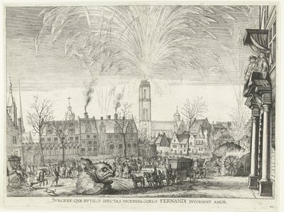 Vuurwerk; intocht van Ferdinand te Gent v roce 1635 (č. 41) Vstaň, který se díváš na hořící oheň na obloze Fernandiho láska vzplane (titul na předmětu) Obrázek nočních požárů v hipodromu a věži od Anonymous