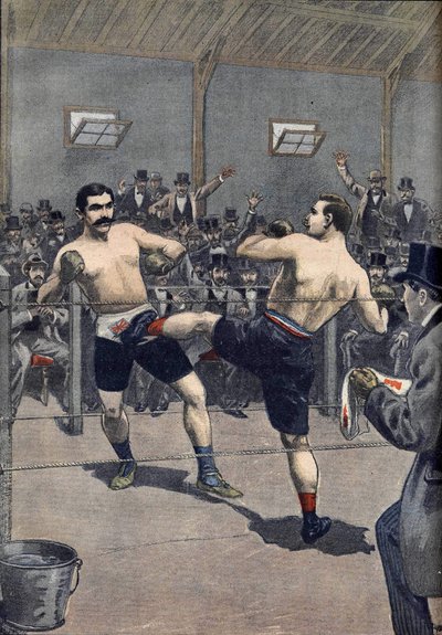 Boxerský útok: vítězství francouzského šampiona Josepha Charlemonta (1839-1918) proti Jerrymu Driscollovi technikou „savate“““ v Le Petit Journal 1899 od Anonymous Anonymous