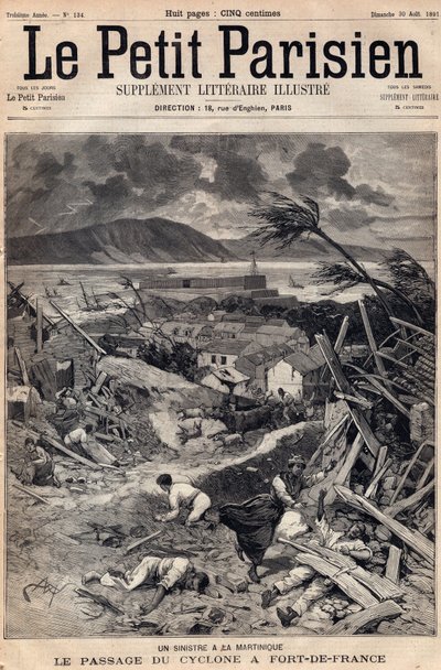 Katastrofa na Martiniku: průchod cyklónu ve Fort-de-France (Fort de France) v roce 1891. Rytina v „“Le petit Parisien““ ze srpna 1891. Soukromá sbírka. od Anonymous Anonymous