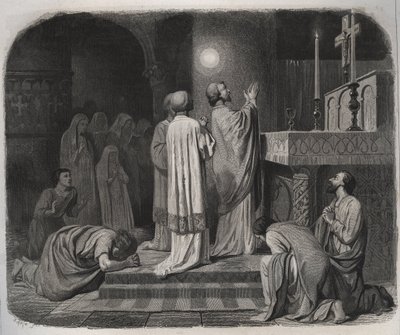 Při práci se nad SVATÝM MARTINEM eveque de Tours (316-397) objevuje ohnivá koule. Rytina z roku 1846 v „Životech svatých““. Soukromá sbírka. od Anonymous Anonymous