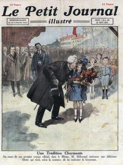 Malá holčička nabízí kytici v barvách trikolóry prezidentovi republiky Alexandre Millerandovi během jednoho ze svých vysídlení na Rhoně. Ilustrace převzata z „“Le petit journal““ z 27.3.1921. Soukromá sbírka od Anonymous Anonymous