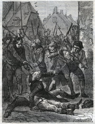 Scéna z období francouzské revoluce: Theobald de Dillon (1745-1792) a džin důstojník jménem Berthois byli zmasakrováni vojáky a lidmi z Lille, kteří je obvinili ze zrady. Rytina z roku 1866 v „Histoire de la Revolution fr od Anonymous Anonymous