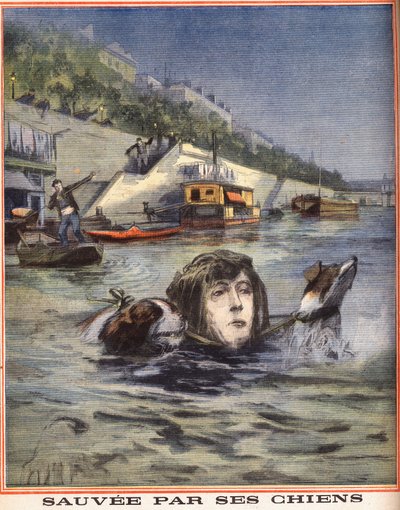 Žena spadne do Seiny je zachráněna svými psy v Paříži. Rytina v „“Le petit parisien““ dne 14.08.1910. Soukromá sbírka. od Anonymous Anonymous
