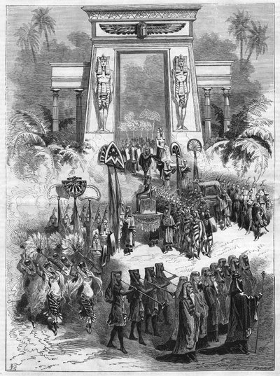 Druhé dějství dílu, Aido. Velká opera o čtyřech dějstvích a sedmi obrazech Giuseppe Verdiho (1813-1901) hraje v italském divadle v Paříži. Gravírování v „“L