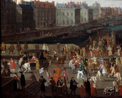 Aktivity a průchod na Pont Neuf v Paříži Anonymní obraz 17. století. Paříž, Musee d
