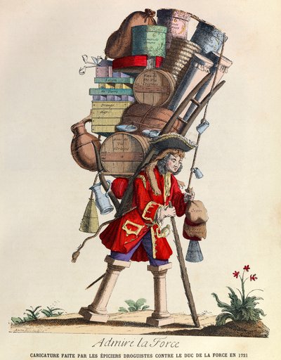 Obdivujte karikaturu La Force vytvořenou pařížskými drogisty proti vévodovi z La Force v roce 1721 (regne krále Ludvíka XV.) - soukromá sbírka od Anonymous Anonymous