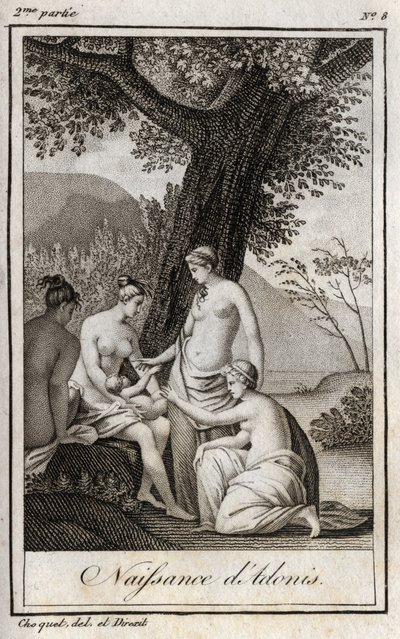 Adonis se narodil. Rytina z roku 1819 v „Lettres a Emilie sur la mythologie“ od Charlese Alberta Demoustiera (1760-1801). Soukromá sbírka. od Anonymous Anonymous