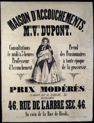 Reklama na rodný dům (mateřství) v Paříži v roce 1850. Madame Dupont, nízké ceny na 46 rue de l