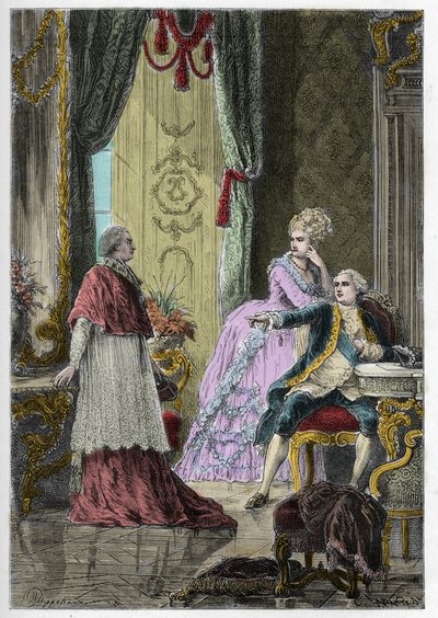 Aféra královnina náhrdelníku (1785-1786): Kardinál Louis Rene Edouard de Rohan (1734-1803) před králem Ludvíkem XVI. (1754-1793) a královnou Marií Antoinettou (1755-1793) od Anonymous Anonymous