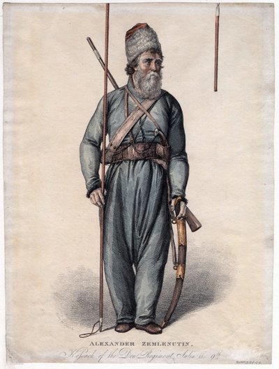 Alexander Zemlyanukhin, kozák donského pluku - Anonym - cca 1813 - Lept, akvarel - 34,3x25,3 - Soukromá sbírka od Anonymous Anonymous