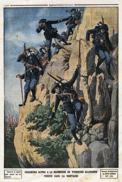 Alpští lovci hledají ztracené německé turisty. Chtěli jít na horu Nero (Helmet du Nero) v masivu Chartreuse. Rytina v “” Le Petite Journal””, dne 7.7.1912. Soukromá sbírka. od Anonymous Anonymous
