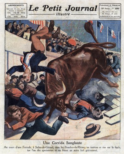 Nehoda během býčího zápasu v Salins-de-Giraud (Salins de Giraud) (Bouches du Rhone), býk se vysráží v davu a zraní jednoho z diváků. Ilustrace z „“Le petit journal““ ze 17.4.1921, soukromá sbírka od Anonymous Anonymous