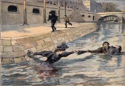 Důmyslná záchrana: u mostu Svatého otce ženu, která se vysrážela v seině, zachrání muž, který pomohl jiné ženě. Rytina z novin „“Le Petite Parisien“, 8.3.1908. Soukromá sbírka. od Anonymous Anonymous