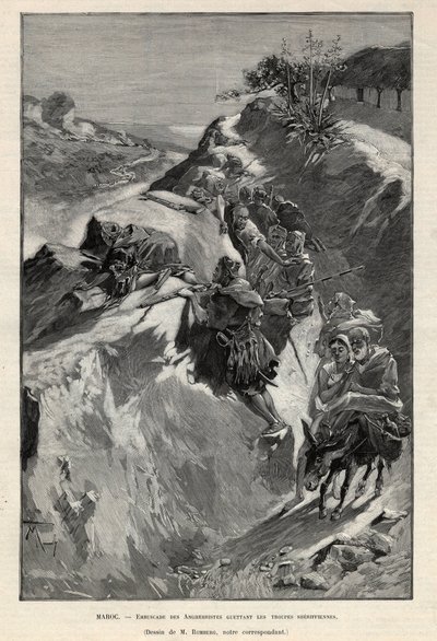 Horské povstání Andjera v Maroku: přepadení Angherristů čekajících na šerifské jednotky. Rytina v „Le monde illustree““ z roku 1892. Soukromá sbírka. od Anonymous Anonymous
