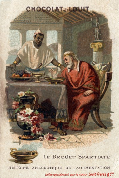 Neoficiální historie jídla: Sparťanská mohyla. Denys starší (431-367 př.nl), tyran ze Syrakus, nenáviděl mohylu, když ji ochutnal. Kuchař odpověděl, že nesmí mít takový hlad, aby to ocenil. Chocolate-Louit chromolitografie, konec 19. století od Anonymous Anonymous