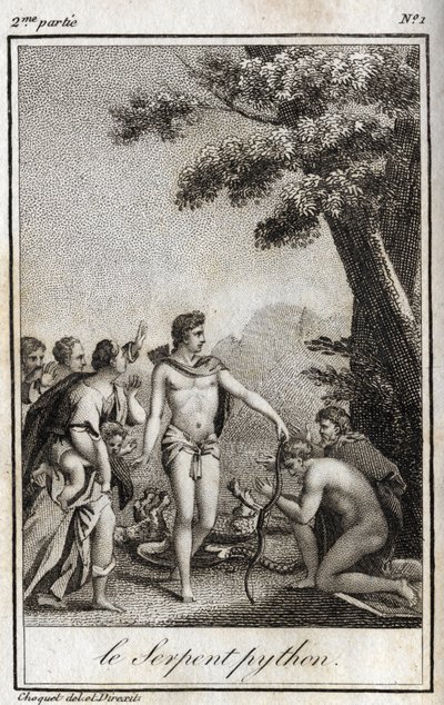 Apollo a had Python na hoře Parnas. Rytina z roku 1819 v „Lettres a Emilie sur la mythologie“ od Charlese Alberta Demoustiera (1760-1801). Soukromá sbírka. od Anonymous Anonymous