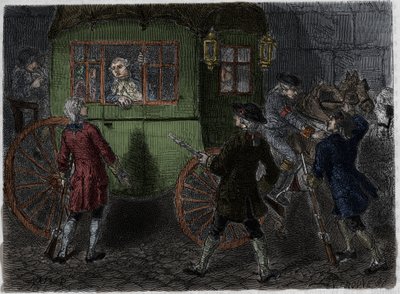 Zatčení Ludvíka XVI. (1754-1793) a jeho prchající rodiny ve Varennes dne 21. června 1791. Rytina z roku 1866 v „Histoire de la Revolution francaise““ od Adolphe Thierse. . od Anonymous Anonymous