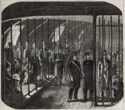 Příjezd sil na palubě během konvoje z Toulonu do Cayenne (Guyana) podle dekretu z 8. prosince 1851. Rytina v „Historie věznic od jejich vytvoření až po současnost“ (1877) od Pierra Zaccone (1817- 1895) (Colonia Penale - Trestní spol od Anonymous Anonymous