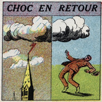 Atmosférická elektřina: šok na oplátku. Člověk je zabit elektrickým proudem, protože je v oblasti vlivu zóny blesku. Anonymní ilustrace z roku 1925. Soukromá sbírka. od Anonymous Anonymous