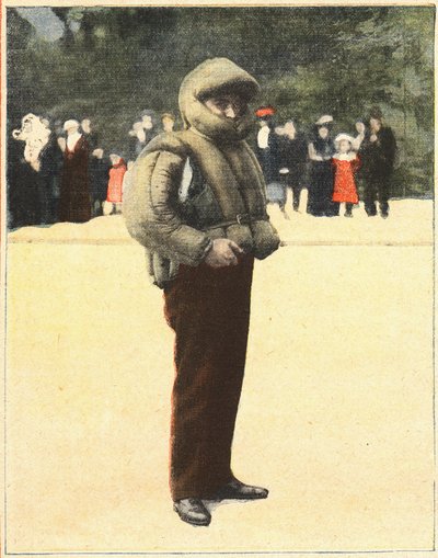 Letectví: Letecký oblek určený k ochraně letců před pádem. Rytina v „“Le petit parisien““ dne 16. 10. 1910. Soukromá sbírka. od Anonymous Anonymous