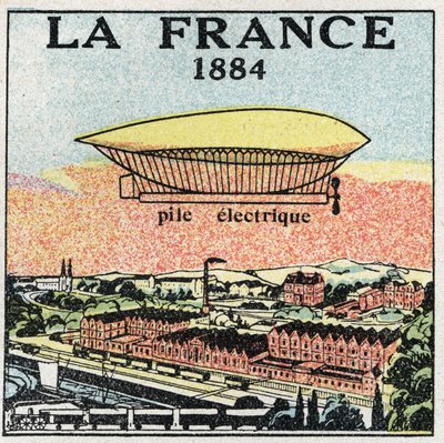Balóny: vzducholoď „“La France““ v roce 1884 využívající elektrickou baterii vynalezenou Francouzi Renardem a Krebsem. Anonymní ilustrace z roku 1925. Soukromá sbírka. od Anonymous Anonymous