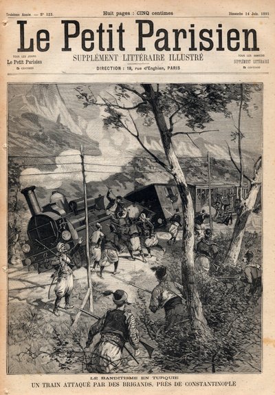 Banditství v Turecku, vlak přepadený lupiči u Konstantinopole. Rytina „Le petit Parisien““ z roku 1891. Soukromá sbírka. od Anonymous Anonymous