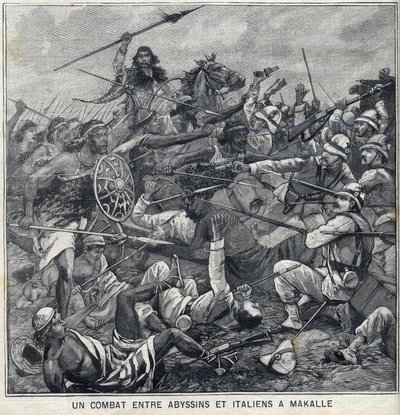 Bitva mezi Abyssins of Menelik II a Italy v Makalle v Etiopii. Rytina „“Le Petite Parisien““ od Anonymous Anonymous