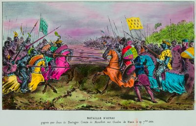 Bitva u Auray dne 29. září 1364 poslední bitva o posloupnost Bretaně mezi anglobretonskou armádou proti rozkazům Jana IV. z Bretaně (Jan III. z Montfortu, Jean Le Conquereur nebo Le Vaillant od Anonymous Anonymous