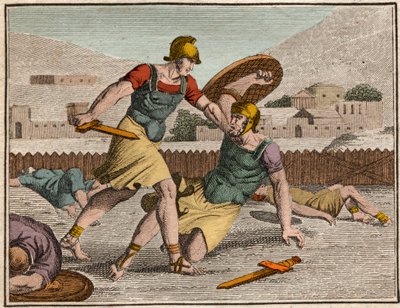 Bitva o Horaces a Curiaces – Bitva mezi Horatii a Curiatii – Rytina z „“ The Rollin of Youth or Selected Pieces of Ancient and Roman Stories““ 1816 – Soukromá sbírka od Anonymous Anonymous