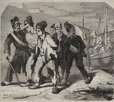 Belle-Ile-en-Mer (krásný ostrov na moři) v 19. století. Rytina do „Historie věznic od jejich vzniku po současnost““ (1877) od Pierra Zacconeho (1817-1895) (Colonia Penale - Trestná kolonie) od Anonymous Anonymous