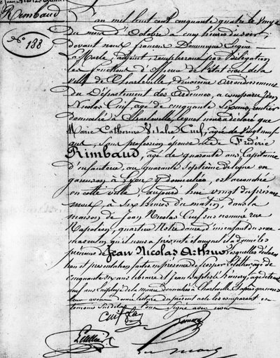Rodný list Arthura Rimbauda (1854-1891), francouzského básníka Charleville, Musee Rimbaud. od Anonymous Anonymous
