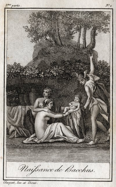 Narození Baccha, syna Jupitera a Semele. Rytina z roku 1819 v „Lettres a Emilie sur la mythologie“ od Charlese Alberta Demoustiera (1760-1801). Soukromá sbírka. od Anonymous Anonymous