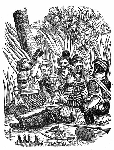Posádka kapitána Bartholomewa Robertse odpočívá poblíž řeky Old Calabar, konec 17. století. Rytina „“ Pirátská vlastní kniha““ 1837. od Anonymous Anonymous