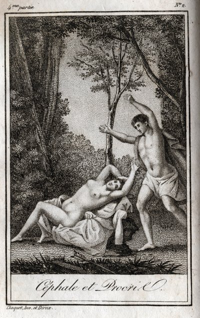 Cephale a Procris (Cephalus) pár milenců. Rytina z roku 1819 v „Lettres a Emilie sur la mythologie“ od Charlese Alberta Demoustiera (1760-1801). Soukromá sbírka. od Anonymous Anonymous