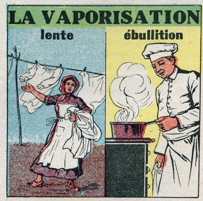 Změny skupenství: pomalé odpařování (působení větru) nebo var (teplo pod pánví). Anonymní ilustrace z roku 1925. Soukromá sbírka. od Anonymous Anonymous