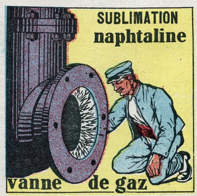 Změny skupenství: sublimace. Zásobník naftalinu ucpává plynový ventil. Anonymní ilustrace z roku 1925. Soukromá sbírka. od Anonymous Anonymous