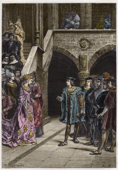 Karel VIII. a Anna Bretaňská – Setkání krále Karla VIII. (1470-98) a královny Anny Bretaňské – rytina z „“Historie Francie vyprávěná mým vnoučatům““ – od Francoise Guizota – 1872-1876 od Anonymous Anonymous