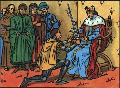 Karel V. Moudrý (1338-1380) slavnostně předává strážní meč Bertrandovi du Guesclinovi (1320-1380). Anonymní ilustrace ve „Sbírce panovníků a hlav států Francie““. 20. století. Soukromá sbírka. od Anonymous Anonymous