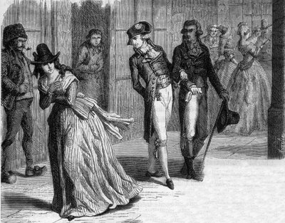 Charlotte Corday u nožíře Badina, pod arkádami Palais-Royal v roce 1793 - Rytina v „Histoire des Girondins““ od Alphonse de Lamartine (1790-1869) 1865-1866 - soukromá sbírka od Anonymous Anonymous