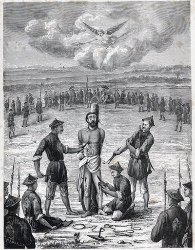 Křesťanské pronásledování: francouzský misionářský kněz Joseph Marchand utrpěl „muka sta ran“ v Kočinčíně 30. listopadu 1835. Rytina v „Les Missions Catholiques au XIXeme Siecle““ od Louise Eugena (Louis Eugene) Louveta. soukromá spol od Anonymous Anonymous