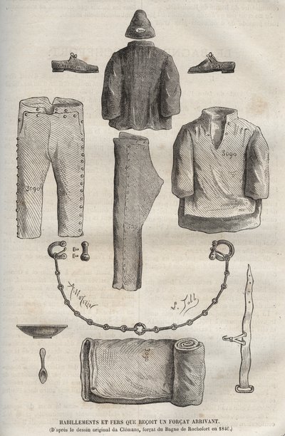 Oblečení a žehličky obdržela síla, která dorazila do bagne de Rochefort v 19. století (z původní kresby Clemanse, forcat du bagne v roce 1840). Rytina do „Historie odsouzených od jejich vzniku až po současnost“ (1877) od Pierra Zacconeho (18 od Anonymous Anonymous